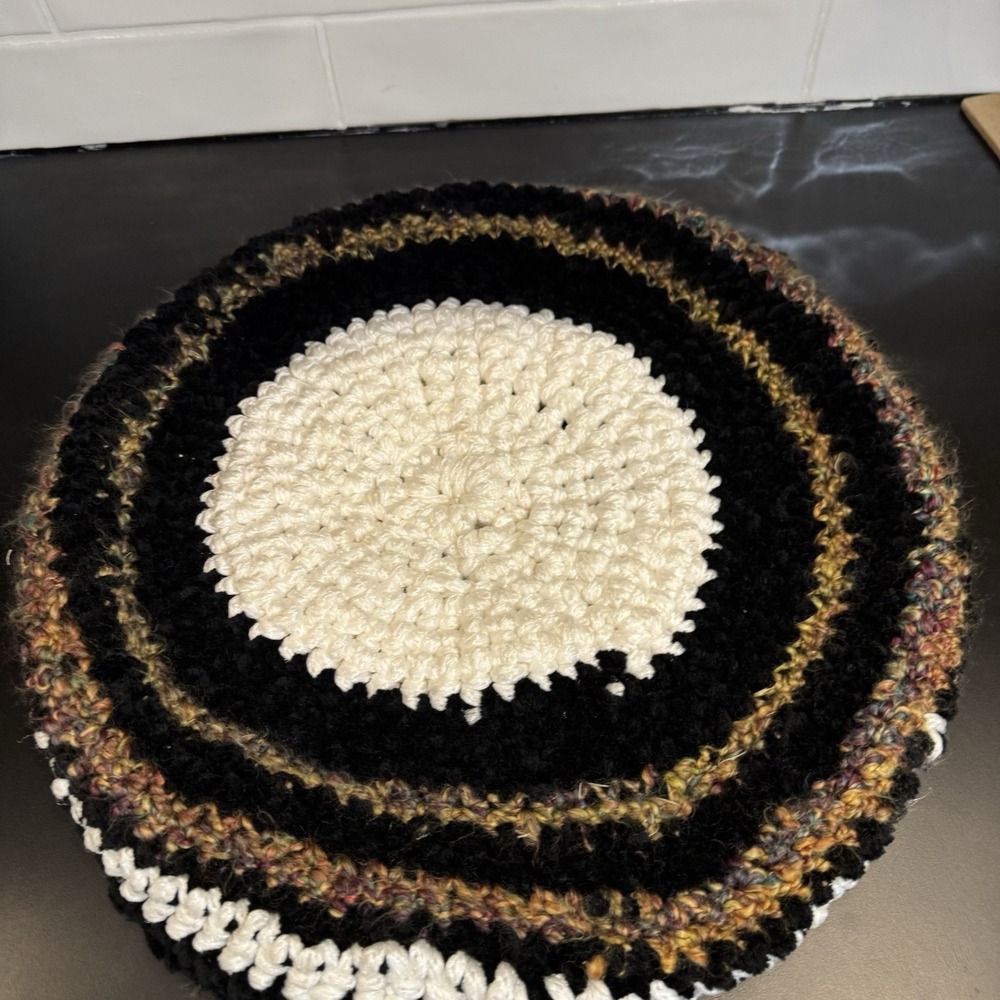Handmade Crochet Round Pillow Cover Home Decor 16in Black White Earth Tones Boho